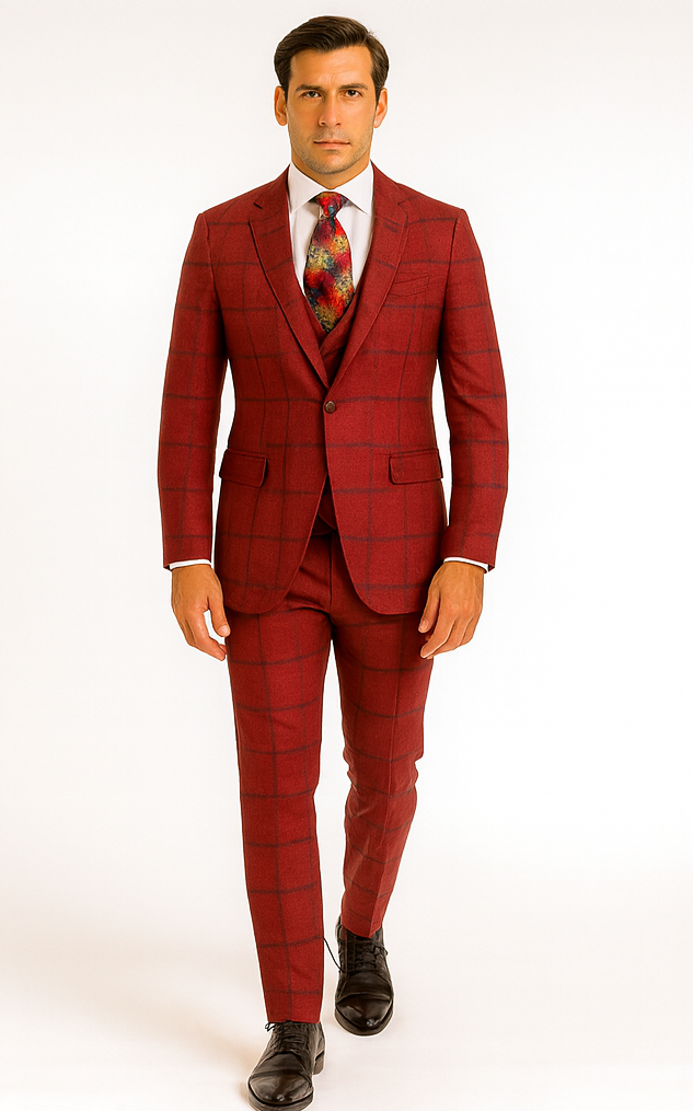 Rossiman Men’s Red & Blue Plaid Double-Breasted Suit – Two-Piece Formalwear