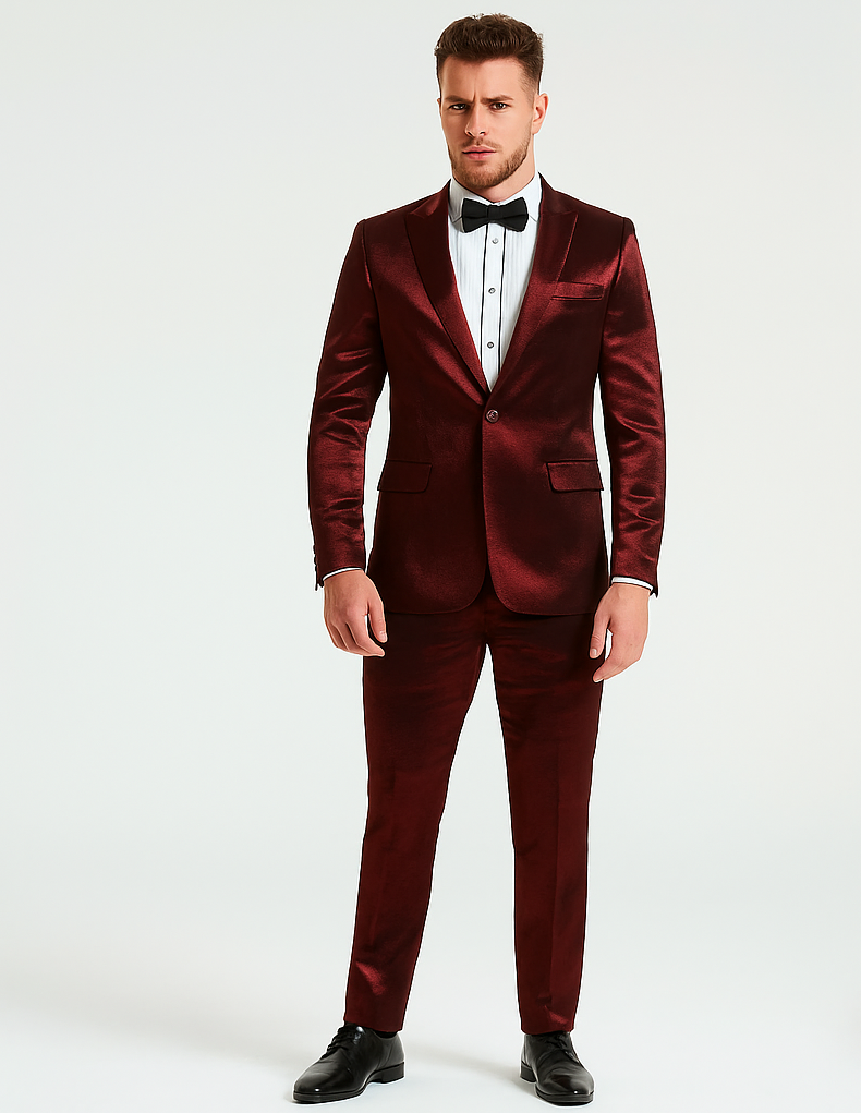 Rossiman Men’s Red Sateen Suit | Glossy Finish Bold Formalwear – Italian Tailored Double-Breasted Luxury Suit