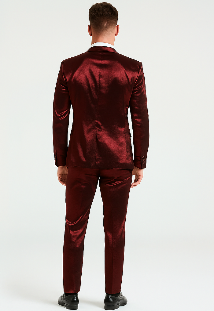 Rossiman Men’s Red Sateen Suit | Glossy Finish Bold Formalwear – Italian Tailored Double-Breasted Luxury Suit