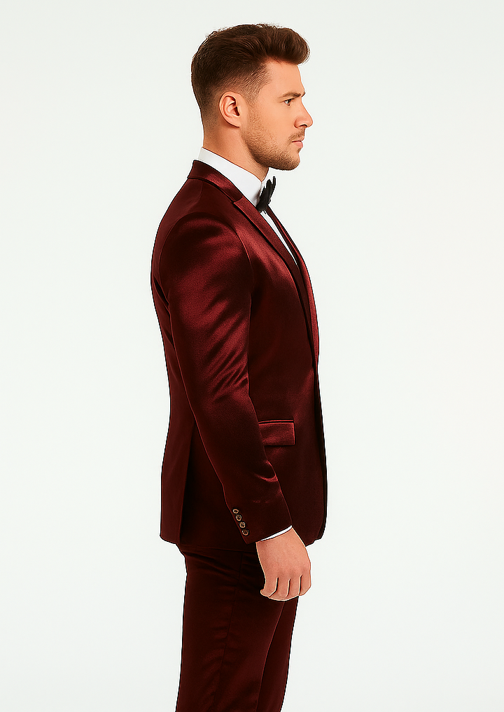 Rossiman Men’s Red Sateen Suit | Glossy Finish Bold Formalwear – Italian Tailored Double-Breasted Luxury Suit