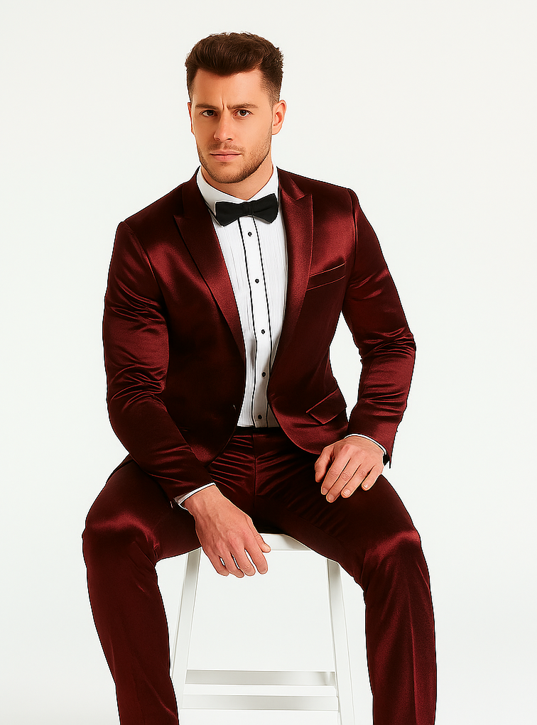 Rossiman Men’s Red Sateen Suit | Glossy Finish Bold Formalwear – Italian Tailored Double-Breasted Luxury Suit