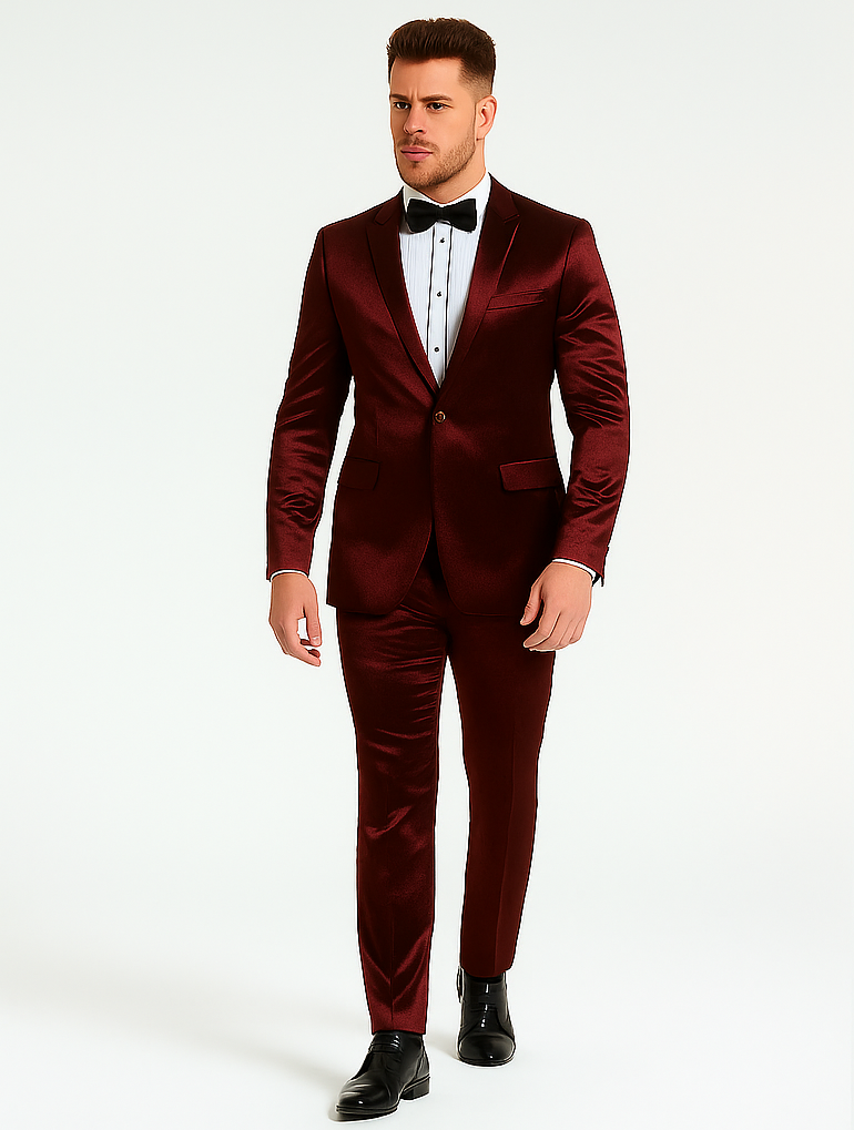 Rossiman Men’s Red Sateen Suit | Glossy Finish Bold Formalwear – Italian Tailored Double-Breasted Luxury Suit
