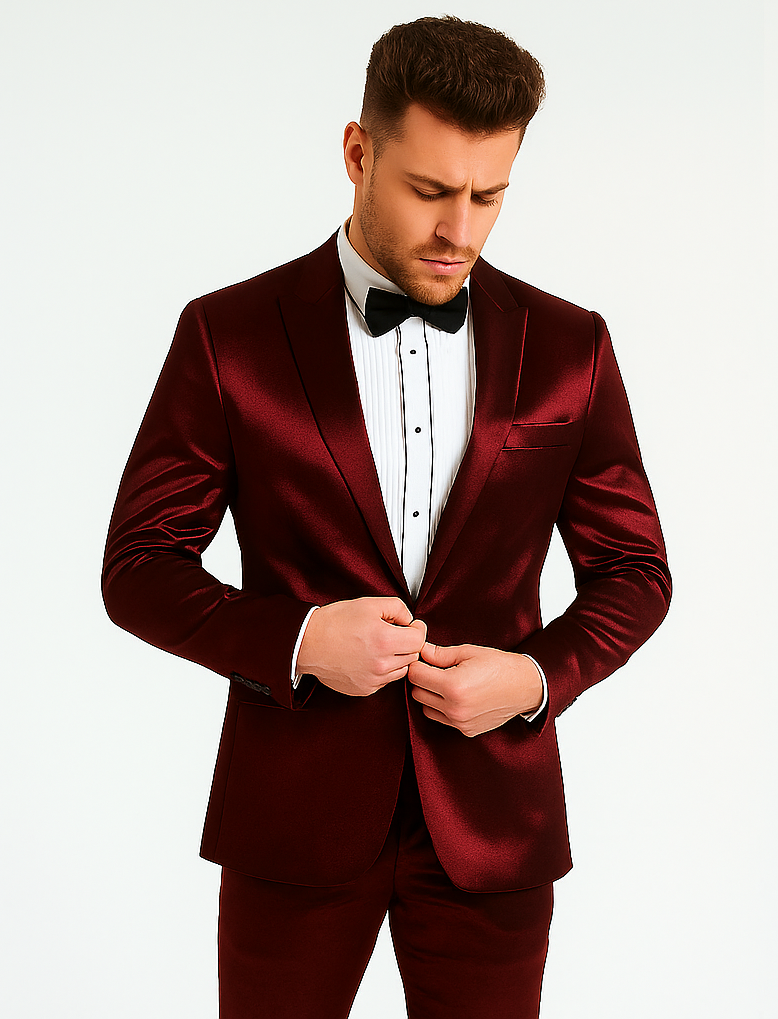Rossiman Men’s Red Sateen Suit | Glossy Finish Bold Formalwear – Italian Tailored Double-Breasted Luxury Suit