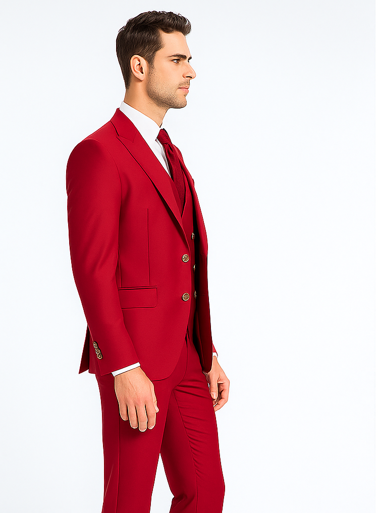 Rossiman Men’s Red Suit | Stylish 1-Button Peak Lapel Jacket & Double-Breasted Vest – Italian Tailored Luxury 3-Piece Suit