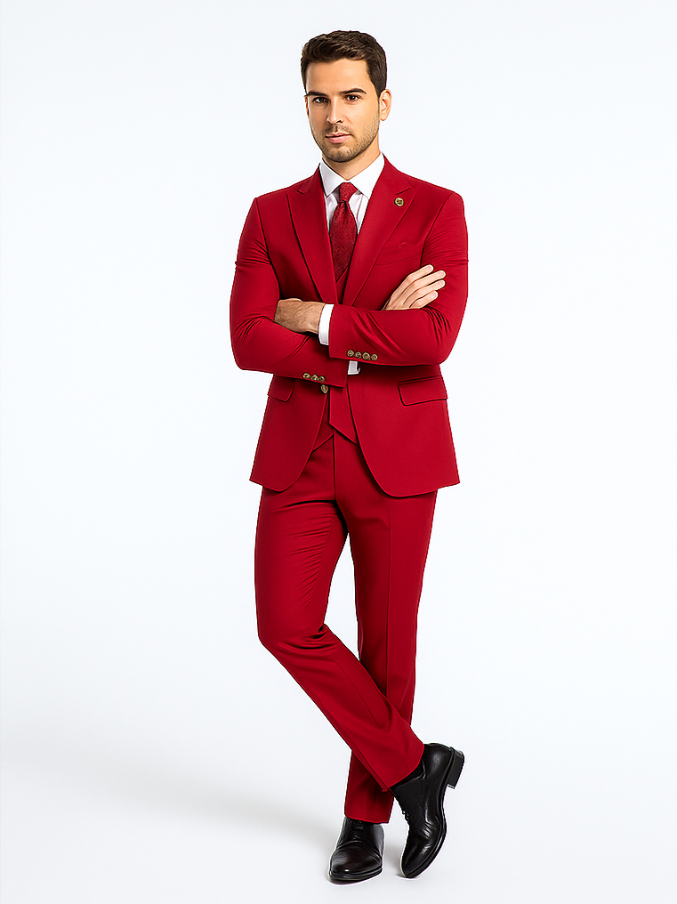 Rossiman Men’s Red Suit | Stylish 1-Button Peak Lapel Jacket & Double-Breasted Vest – Italian Tailored Luxury 3-Piece Suit