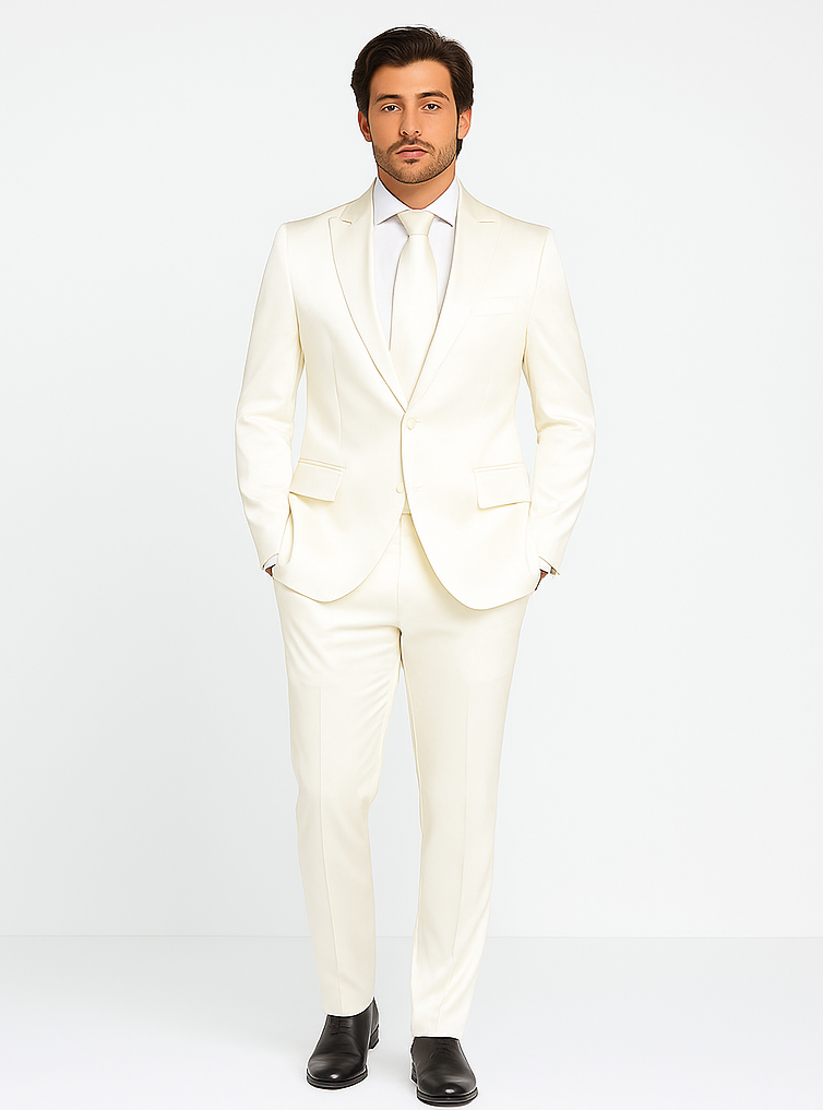 Rossiman White Sateen Suit for Men | High-Shine Formal Elegance – Italian Tailored Luxury Double-Breasted Suit