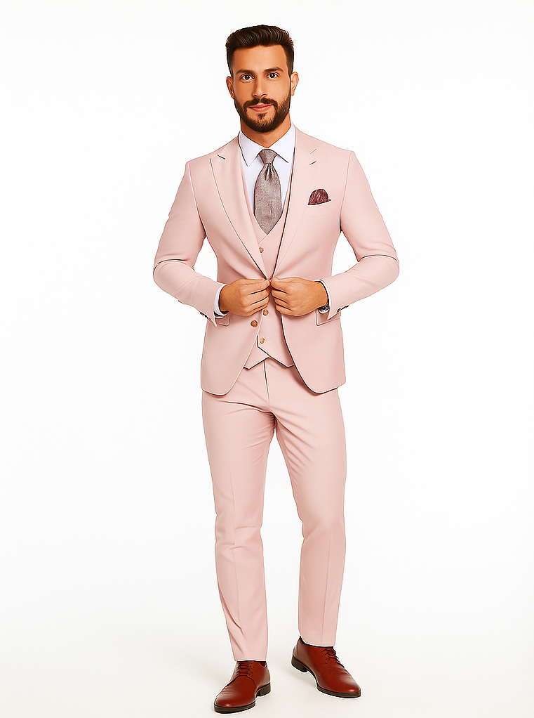 Rossiman Men’s Slim Fit Pink Suit | Elegant Double-Breasted Vest & Tailored Flat Front Pants – Italian 3-Piece Luxury Suit