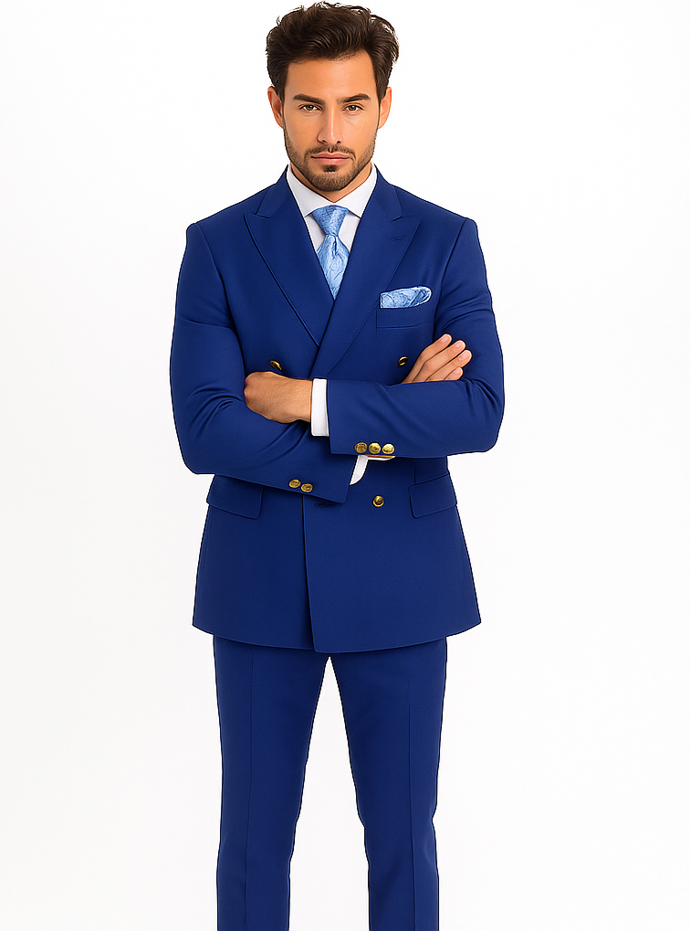 Rossiman Men’s Slim Fit Royal Blue Suit | Double-Breasted Elegance – Italian Tailored Luxury 3-Piece Suit for Men
