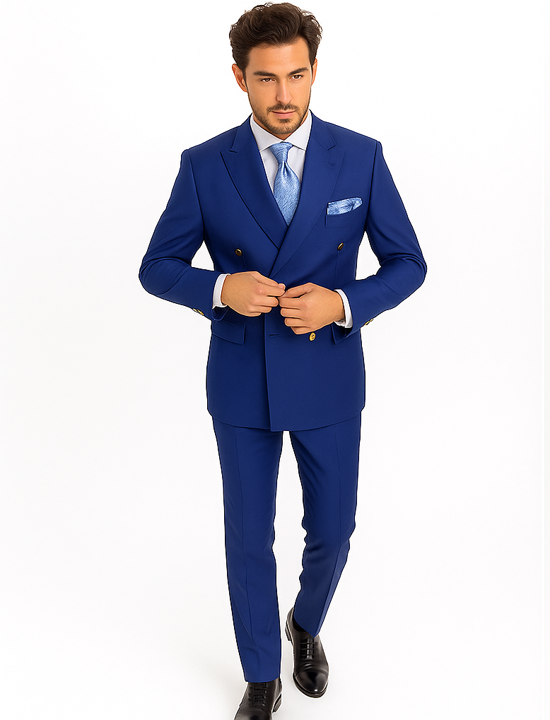 Rossiman Men’s Slim Fit Royal Blue Suit | Double-Breasted Elegance – Italian Tailored Luxury 3-Piece Suit for Men