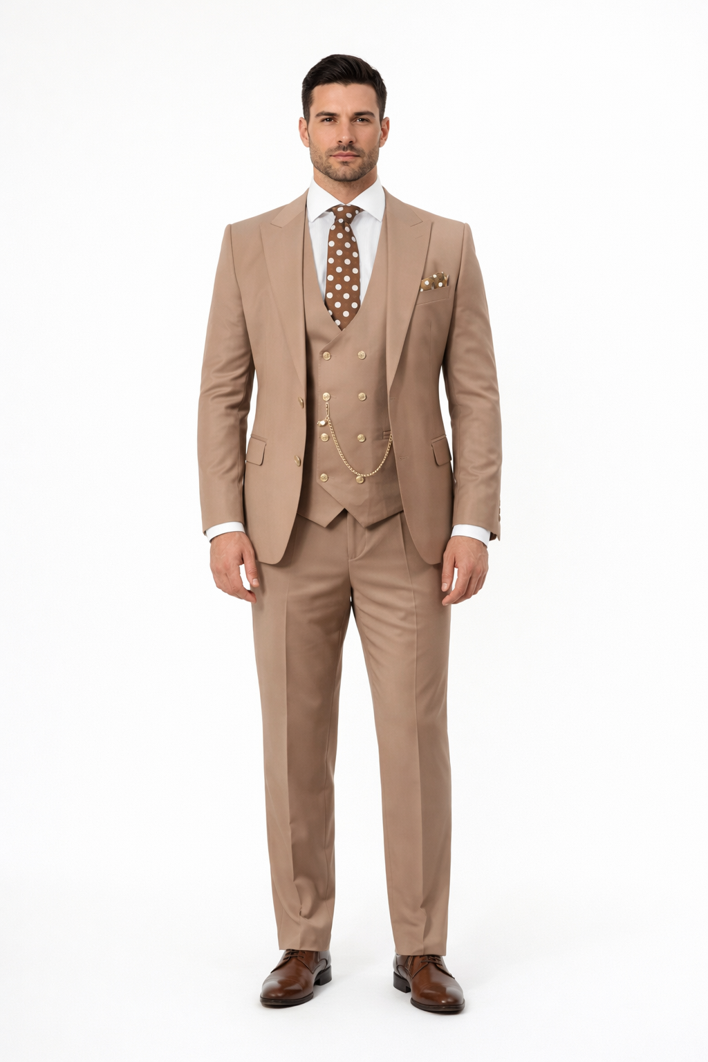 Rossiman Men’s Tan Suit with Gold Button Details