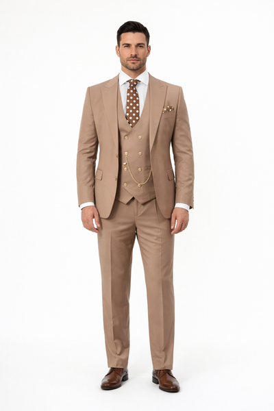 Rossiman Men’s Tan Suit with Gold Button Details
