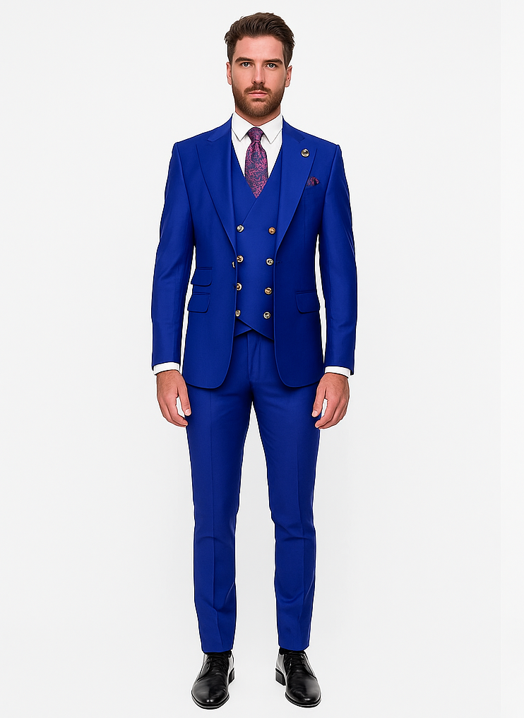 Rossiman Royal Blue Suit for Men | Classic 1-Button Peak Lapel Jacket & Double-Breasted Vest – Italian Tailored 3-Piece Luxury Suit