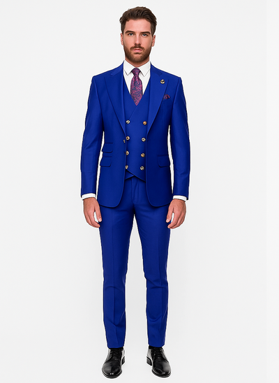 Rossiman Royal Blue Suit for Men | Classic 1-Button Peak Lapel Jacket & Double-Breasted Vest β Italian Tailored 3-Piece Luxury Suit