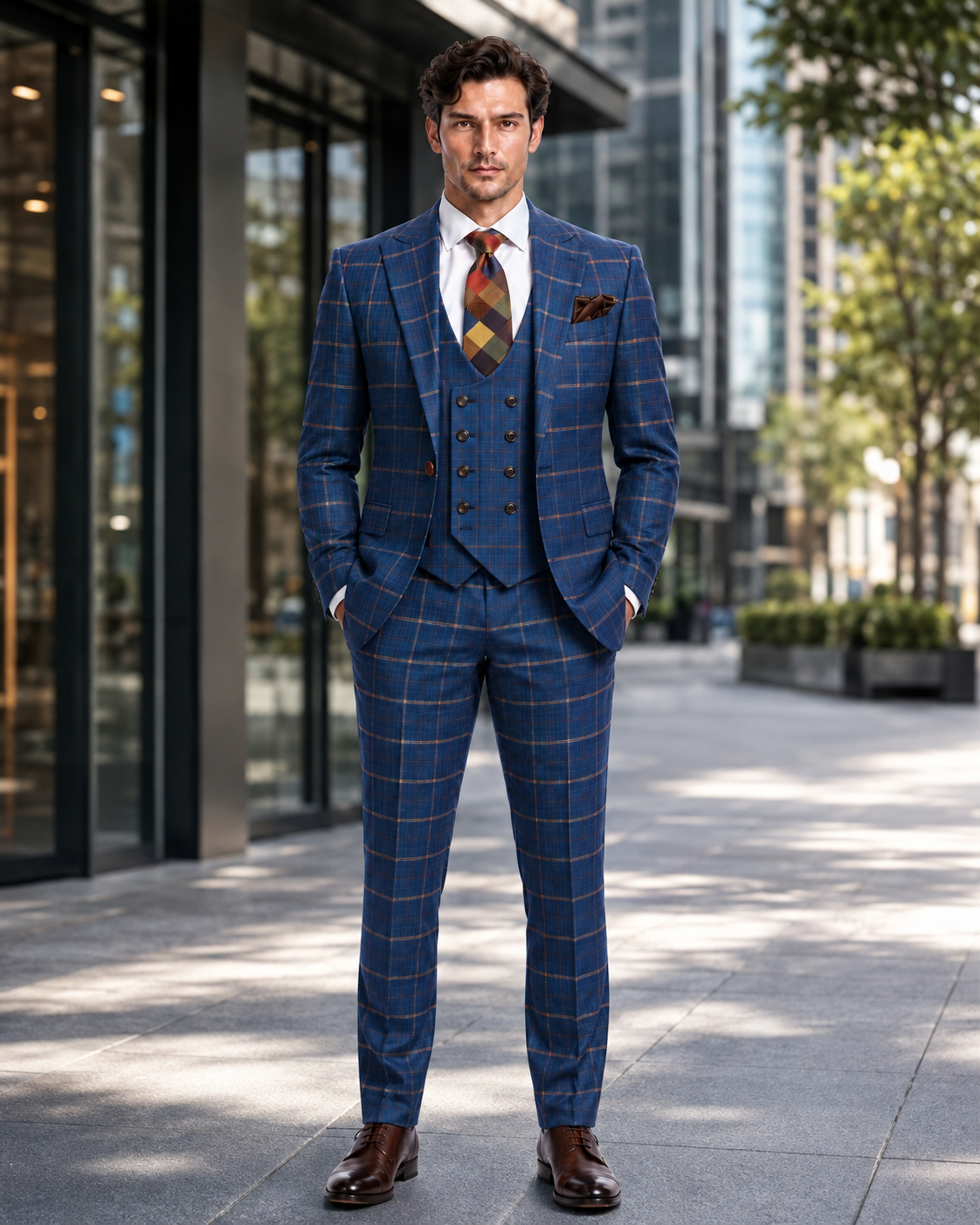 Rossiman Men’s Navy & Gray Plaid Double-Breasted Suit – Two-Piece Formalwear