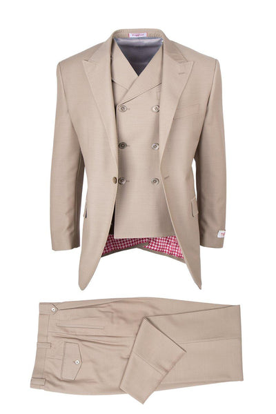 Tiglio Italian Suit - Real Wool Fabric Super 150's San Giovesse Tan, Wide Leg Suit & Vest in Color Tan