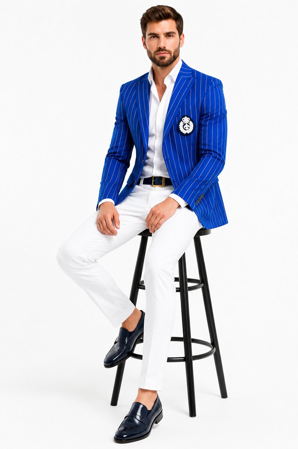 Royal Blue Pinstripe Blazer & White Pants Combo