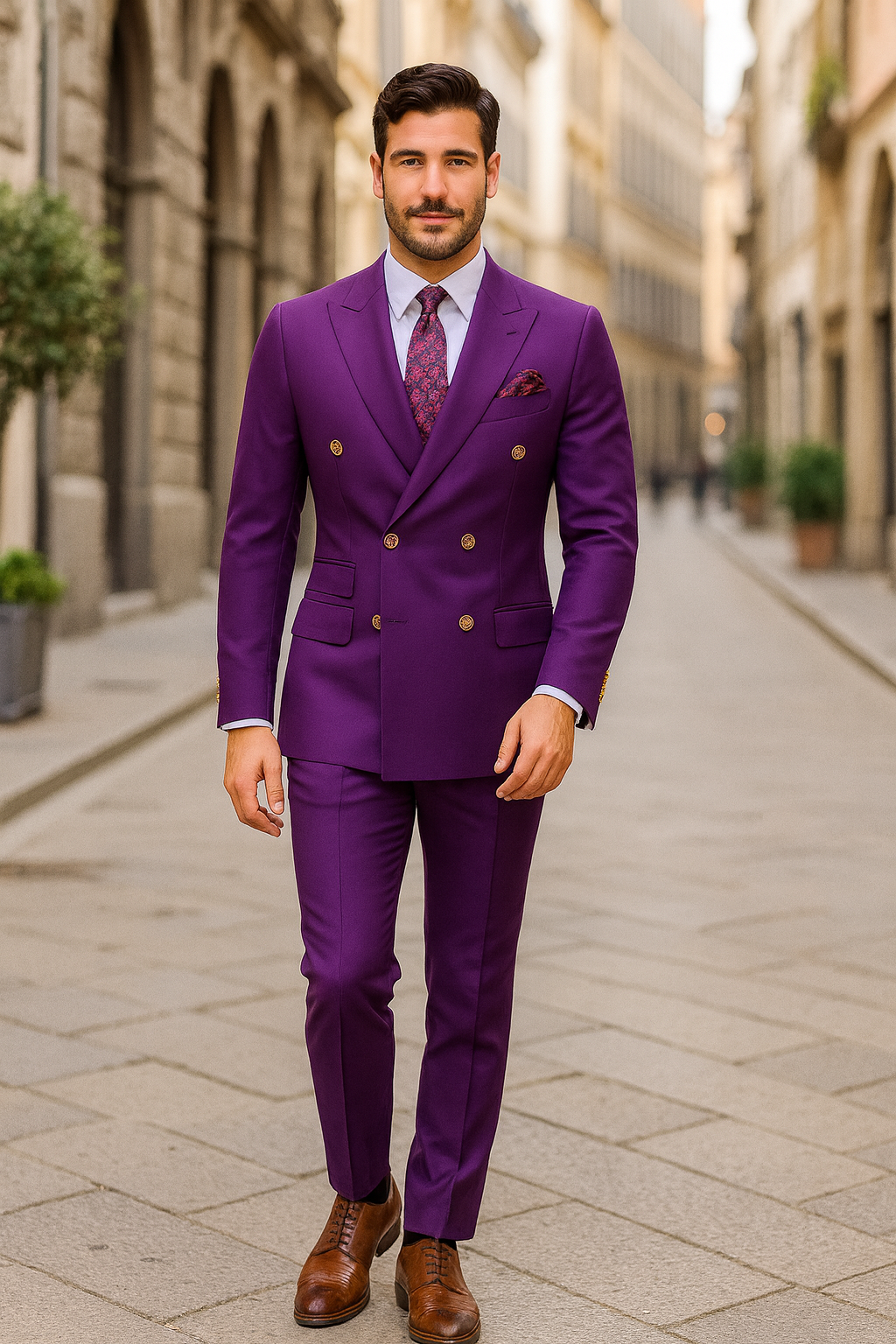 Double Breasted Wool Suit with Gold Buttons - Purple