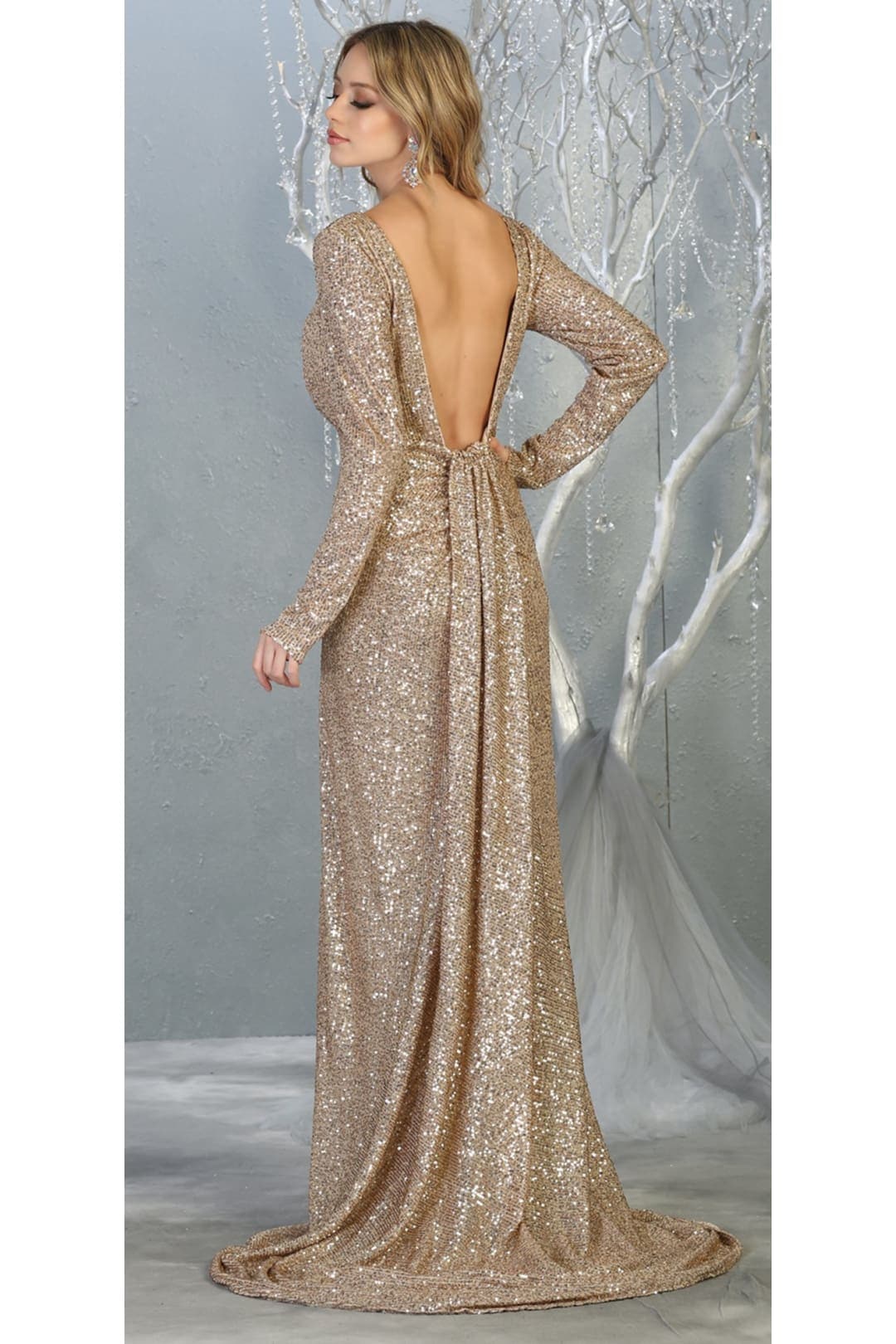 Long Sleeve Stretchy Red Carpet Sequin Formal Dress