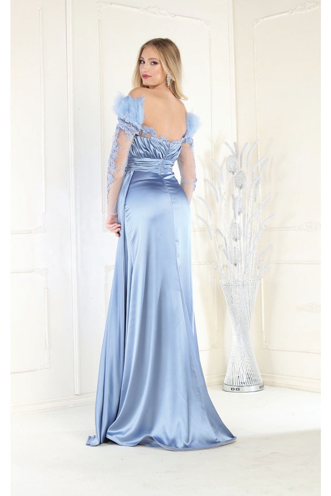 Off The Shoulder Long Sleeve Satin Evening Gown