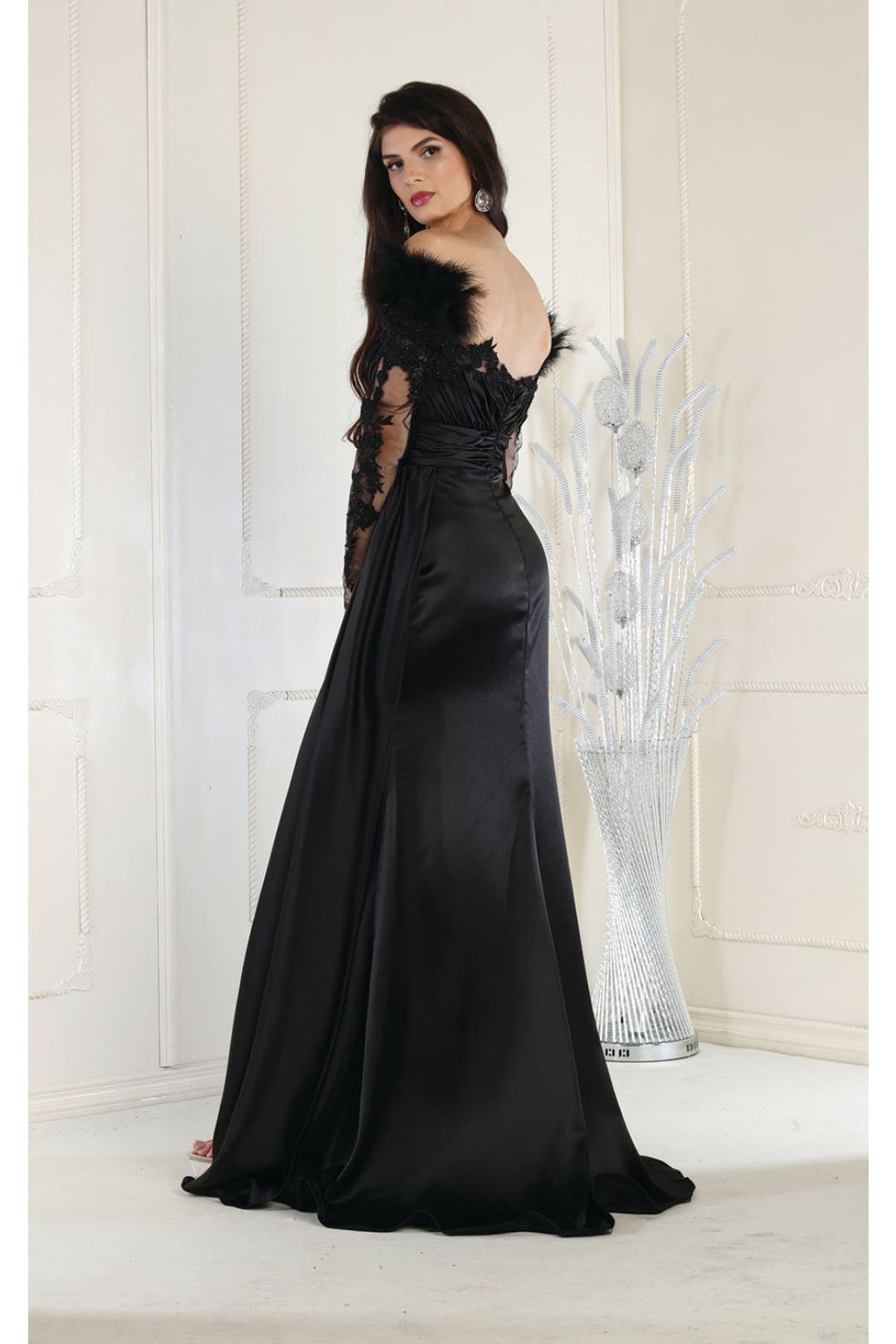 Off The Shoulder Long Sleeve Satin Evening Gown