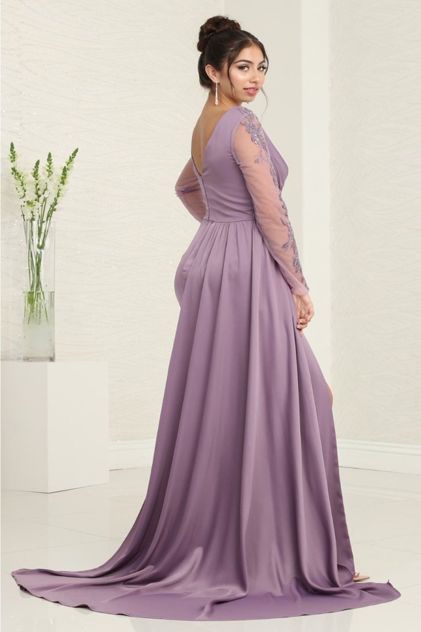 Royal Queen RQ8045 Plunging V-Neck High Slit Satin Long MOB Gown