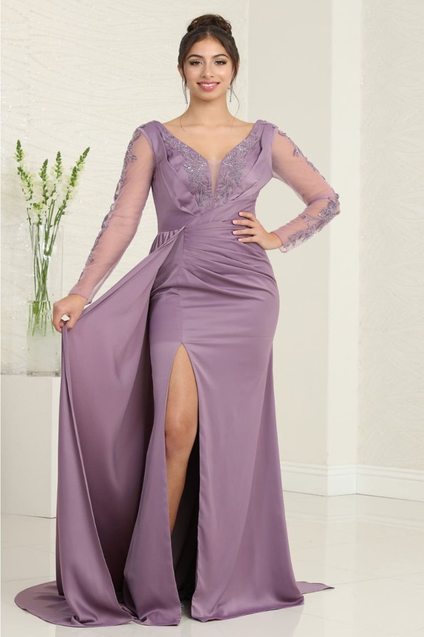 Royal Queen RQ8045 Plunging V-Neck High Slit Satin Long MOB Gown