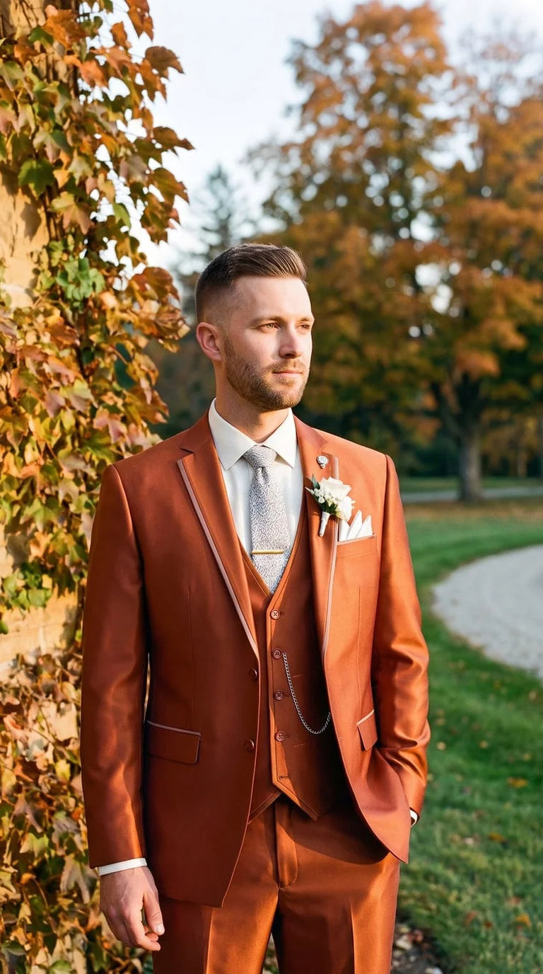 Men's Rust Solid Three Piece Suit