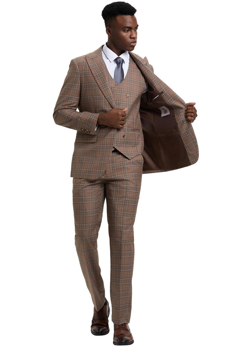 Stacy Adams Light Brown Plaid Peak Lapel Vest Suit
