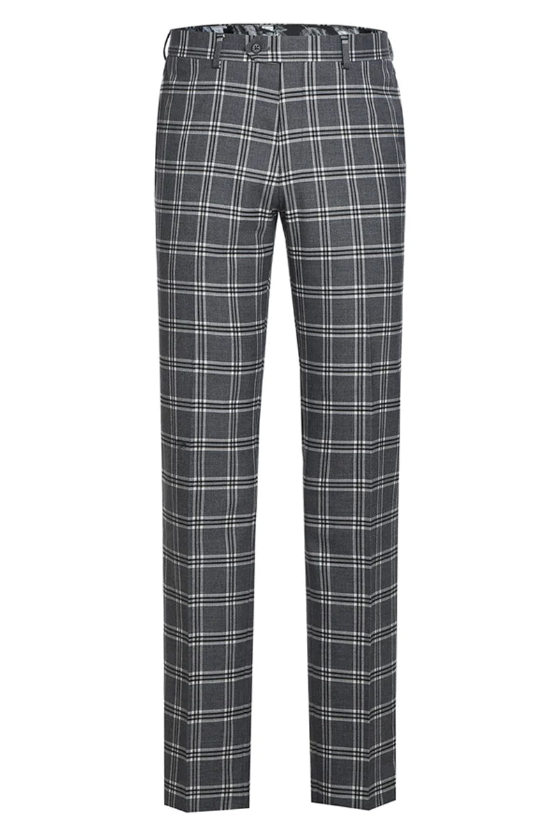 Mens Designer Slim Fit Peak Lapel Suit in Grey Windowpane Plaid