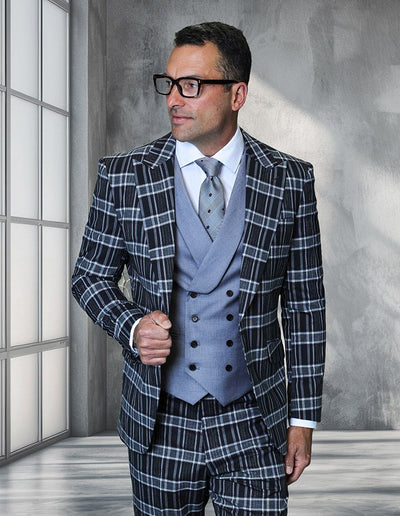 Saboo by Statement Mens Modern Fit 3 Piece 100% Wool Plaid Suit β Peak Lapel, Double Breasted Vest