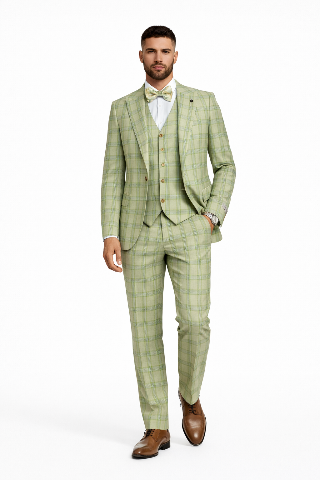 Stacy Adams Plaid Suit with Paisley Vest & Bow Tie