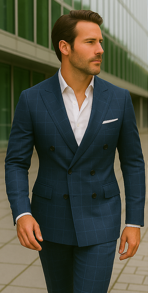 Italian Made Double Breasted Wool Plaid Suit
