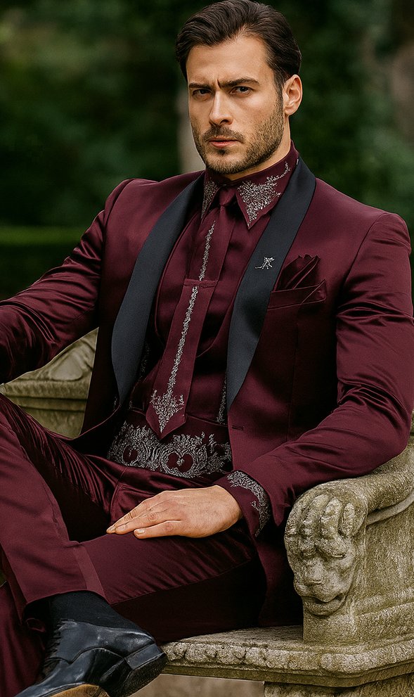 Sateen Fabric Suit - Shiny Tuxedo - Prom Suit - Groom Tuxedos - Burgundy