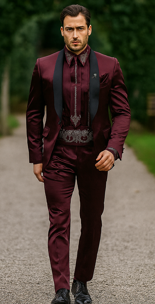 Sateen Fabric Suit - Shiny Tuxedo - Prom Suit - Groom Tuxedos - Burgundy
