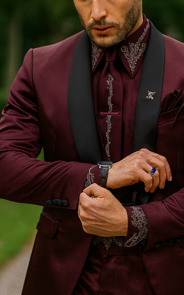 Sateen Fabric Suit - Shiny Tuxedo - Prom Suit - Groom Tuxedos - Burgundy