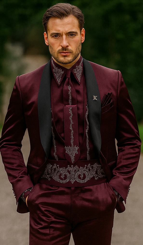 Sateen Fabric Suit - Shiny Tuxedo - Prom Suit - Groom Tuxedos - Burgundy