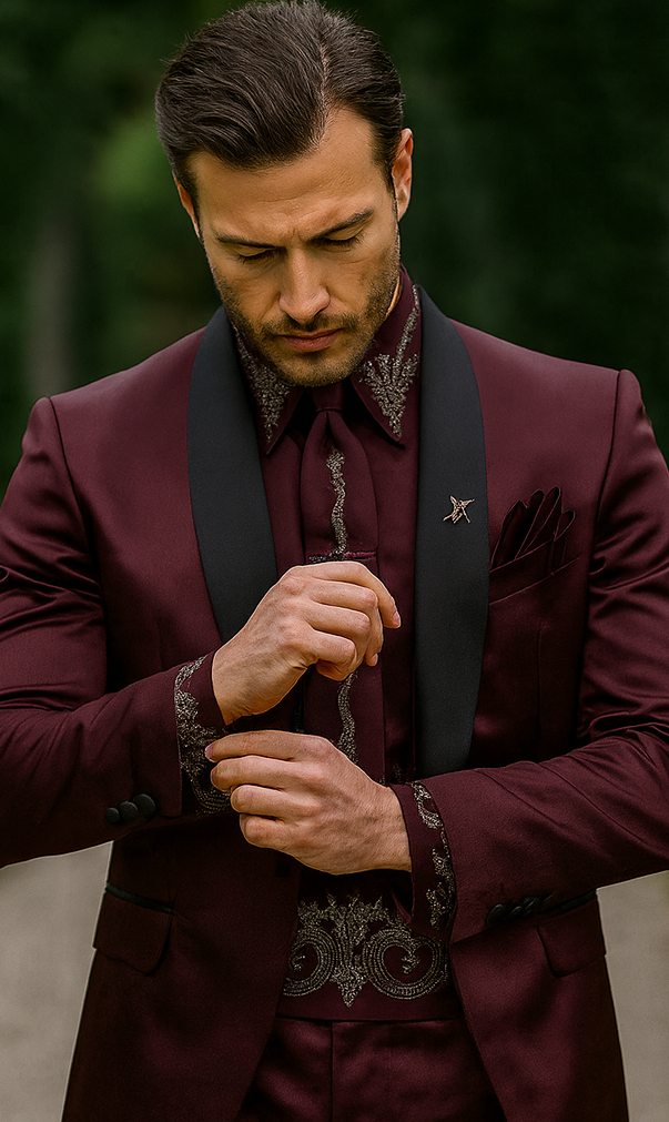 Sateen Fabric Suit - Shiny Tuxedo - Prom Suit - Groom Tuxedos - Burgundy