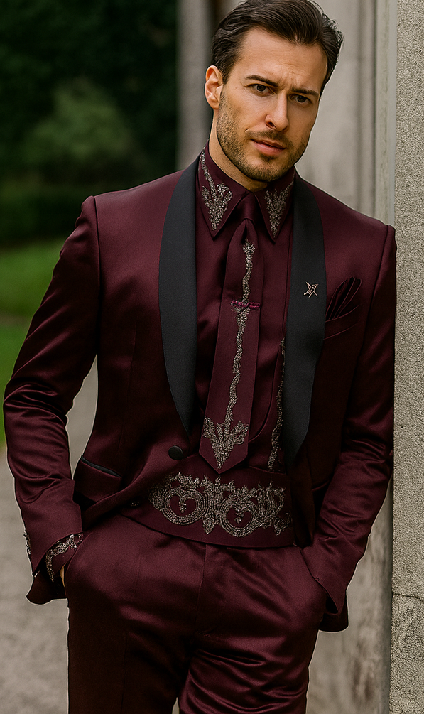 Sateen Fabric Suit - Shiny Tuxedo - Prom Suit - Groom Tuxedos - Burgundy
