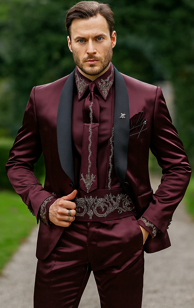 Sateen Fabric Suit - Shiny Tuxedo - Prom Suit - Groom Tuxedos - Burgundy