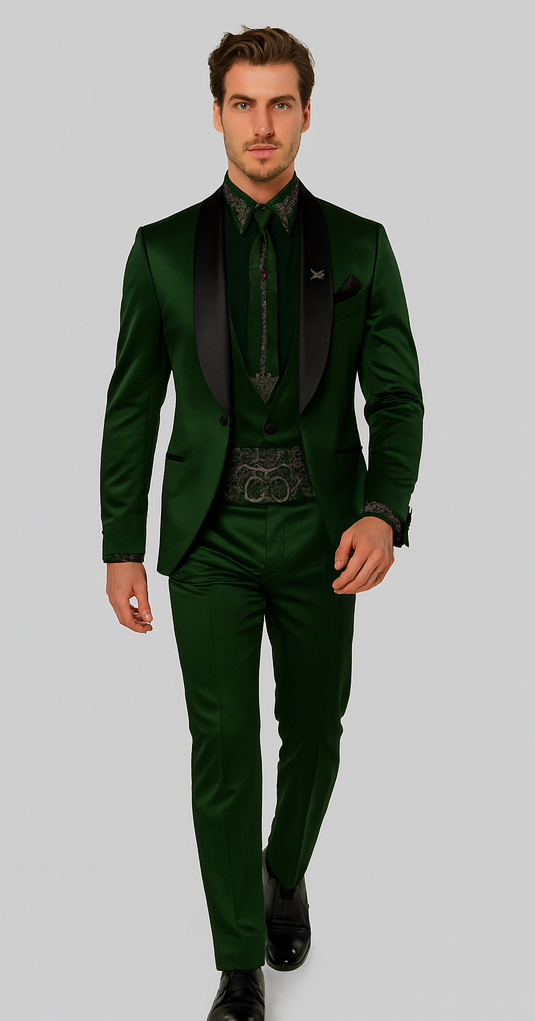 Sateen Fabric Suit - Shiny Tuxedo - Prom Suit - Groom Tuxedos - Hunter Green