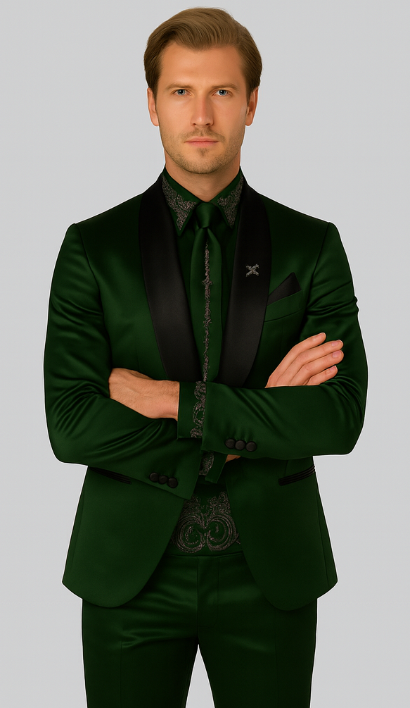 Sateen Fabric Suit - Shiny Tuxedo - Prom Suit - Groom Tuxedos - Hunter Green