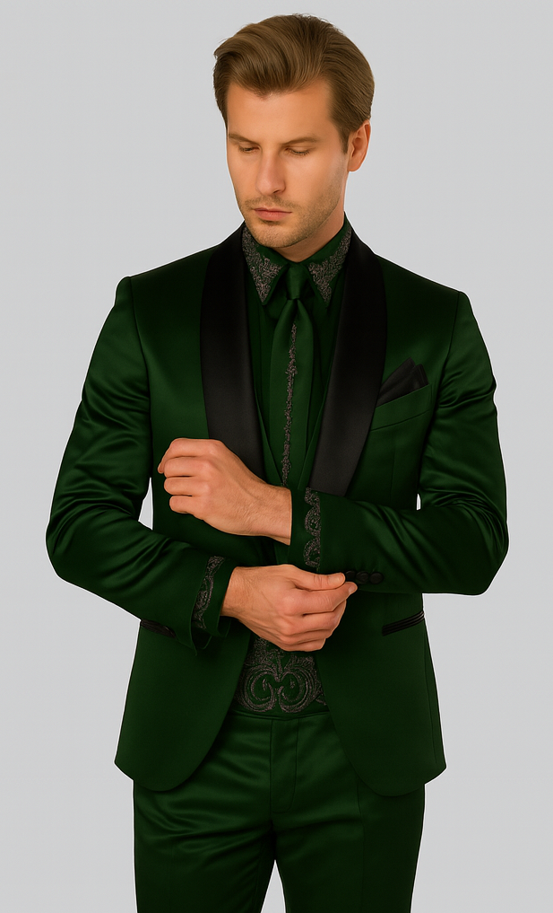 Sateen Fabric Suit - Shiny Tuxedo - Prom Suit - Groom Tuxedos - Hunter Green
