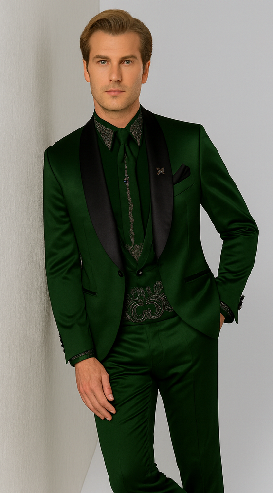 Sateen Fabric Suit - Shiny Tuxedo - Prom Suit - Groom Tuxedos - Hunter Green