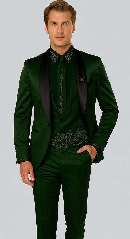 Sateen Fabric Suit - Shiny Tuxedo - Prom Suit - Groom Tuxedos - Hunter Green