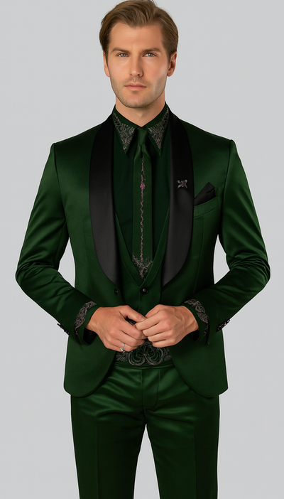 Sateen Fabric Suit - Shiny Tuxedo - Prom Suit - Groom Tuxedos - Hunter Green