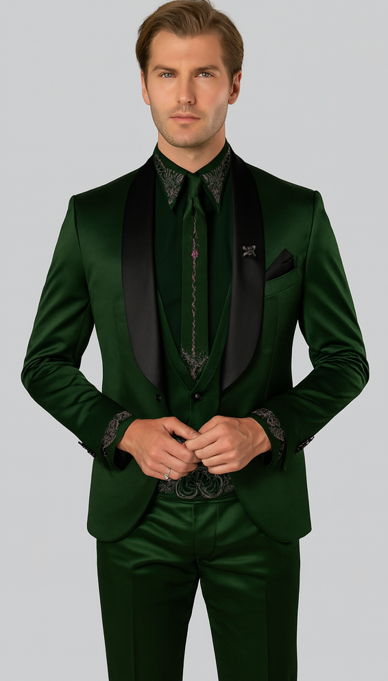 Sateen Fabric Suit - Shiny Tuxedo - Prom Suit - Groom Tuxedos - Hunter Green