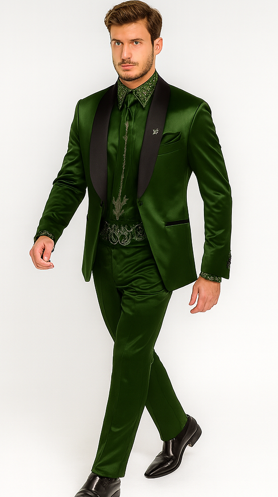 Sateen Fabric Suit - Shiny Tuxedo - Prom Suit - Groom Tuxedos - Olive Green