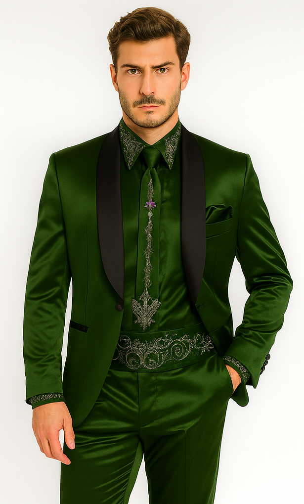 Sateen Fabric Suit - Shiny Tuxedo - Prom Suit - Groom Tuxedos - Olive Green
