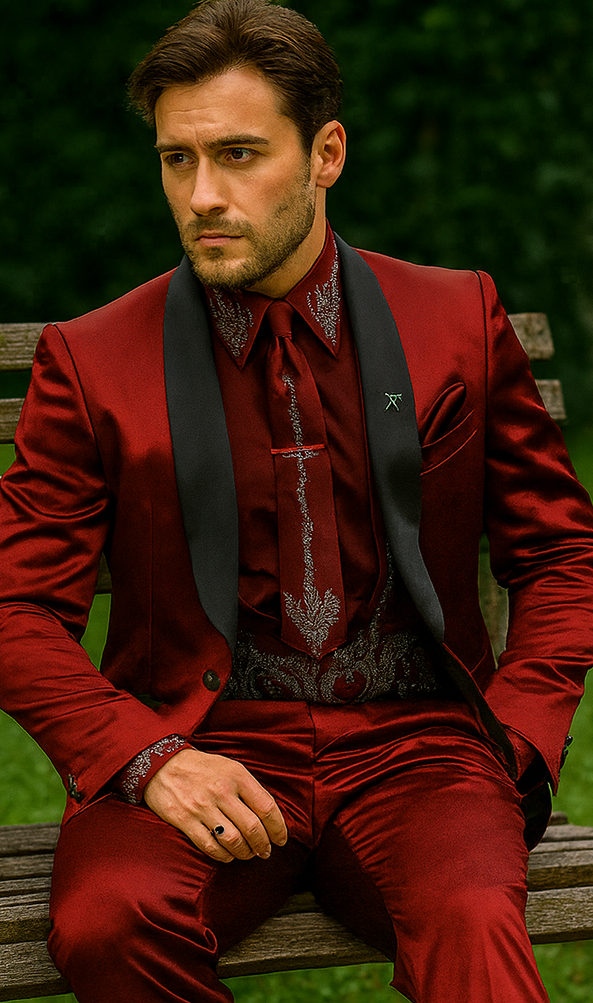 Sateen Fabric Suit - Shiny Tuxedo - Prom Suit - Groom Tuxedos - Red