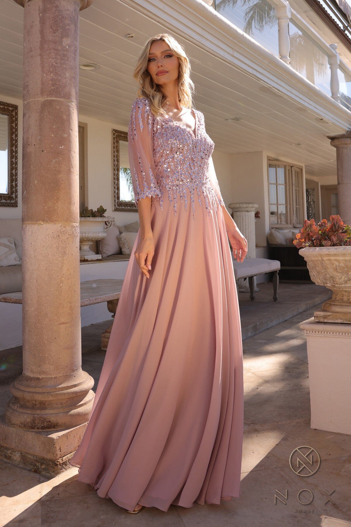 Nox Anabel MF100 Beautiful Sequin Bodice 3/4 Sleeve A-line Gown